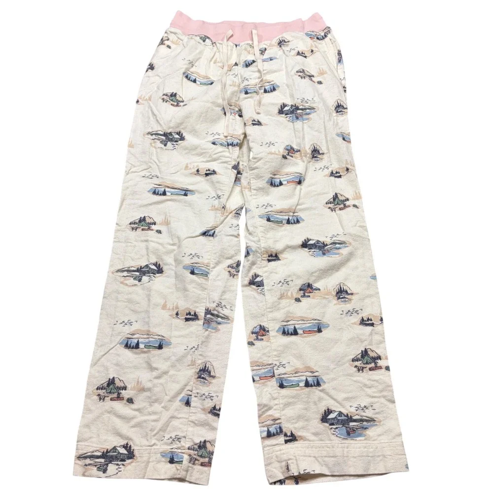 LL Bean Womens Small Pajama Pants Cream Pink Camping Cabin Scenic Print Lounge
